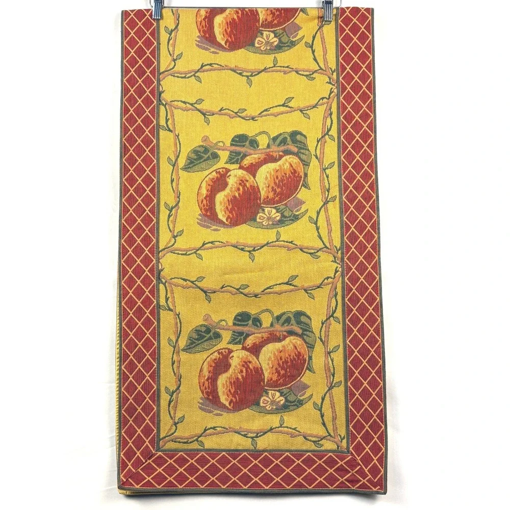 Renaissance Designs Woven Art Tapestry Table Runner Peach Fruit Yellow Red 68x18
